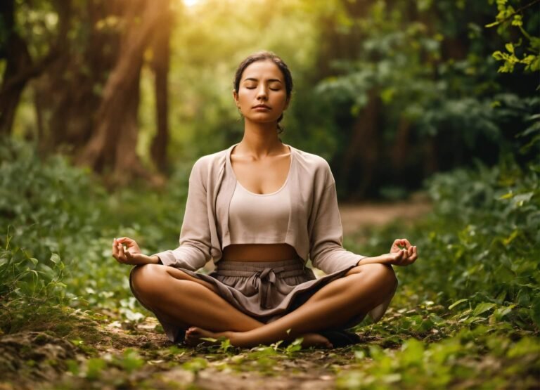mulher praticando meditação mindfulness na floresta