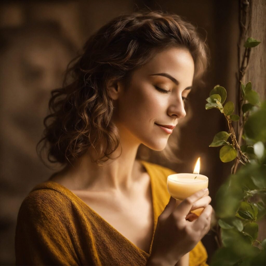 mulher sentindo aroma de vela, praticando aromaterapia